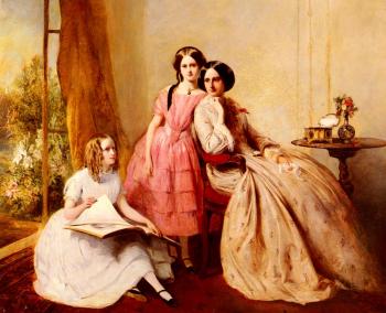 Abraham Solomon : A Portrait Of Two Girls With Their Governess